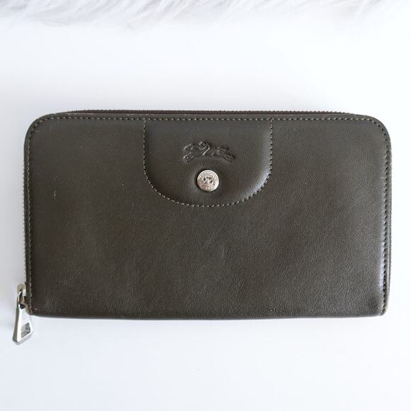 Longchamp Le Pliage Cuir Zip Around Long Continental Khaki Grey - Picture 1 of 16